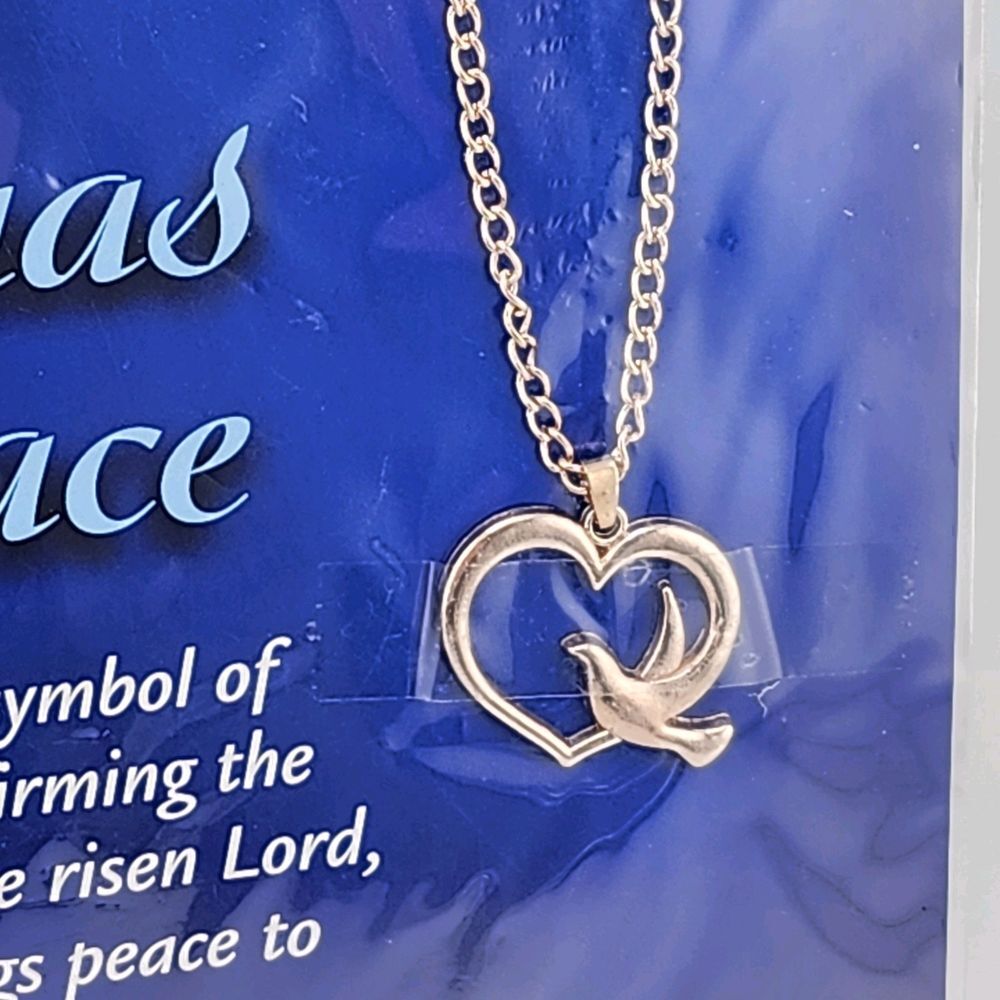 Christmas Peace Heart Dove Pendant Necklace Spirit of God Gold Tone 20" - Picture 2 of 4